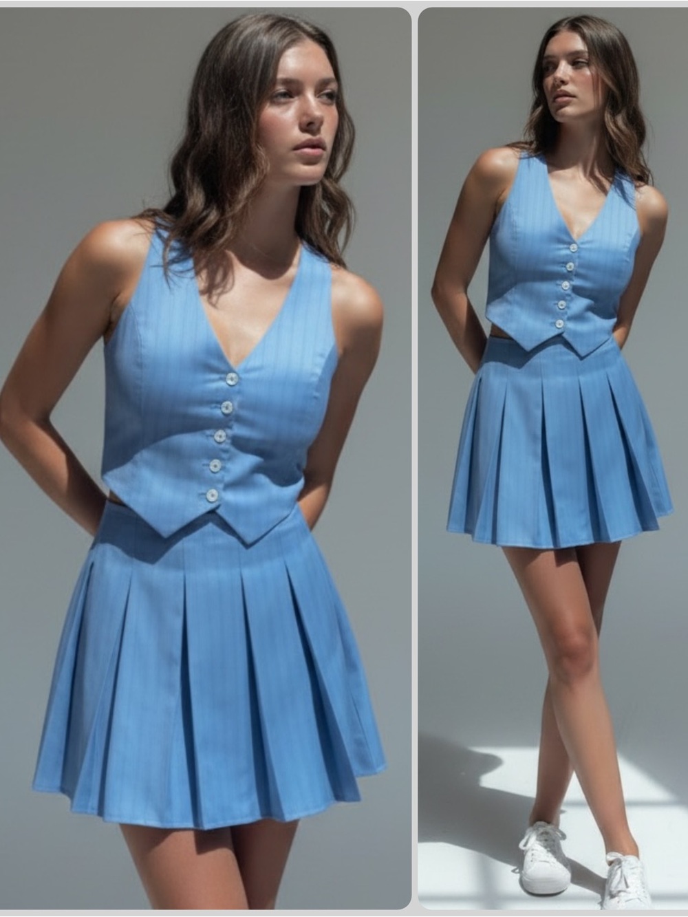 Amanda Uprichard Niall Sky Blue Pleated V-Neck Mini Skort Romper Dress NWT $268